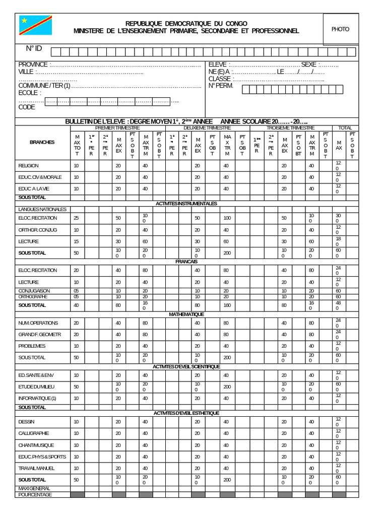 Bulletin Scolaire Primaire RDC 2025 | PDF