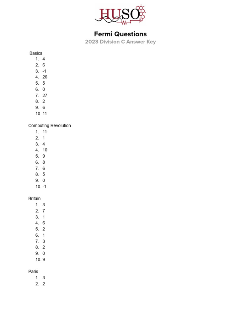Fermi Questions Answer Key 2023 | PDF