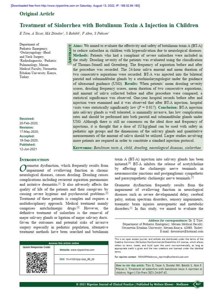 Treatment of Sialorrhea With Botulinum Toxin A Injection in Children ...