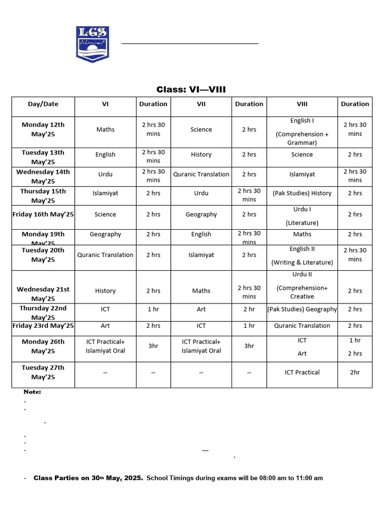 VI - VIII Final Examination Date Sheet Final May, 2025 | PDF