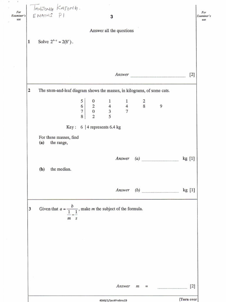 E-Math Sec 4 Sa2 2019 Tanjong Katong Sec | PDF