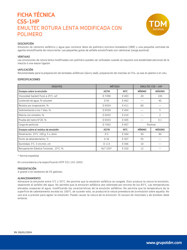 Ficha Técnica Emulsión Asfáltica CSS-1HP | PDF | Emulsión | Agua