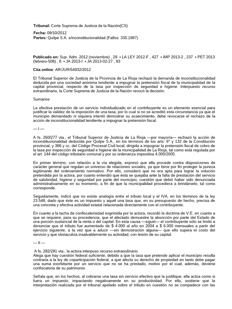 Fallo Quilpe S.A. sobre tasa municipal | PDF | Caso de ley | Impuestos