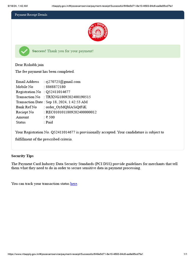RRB Fee Reciept | PDF