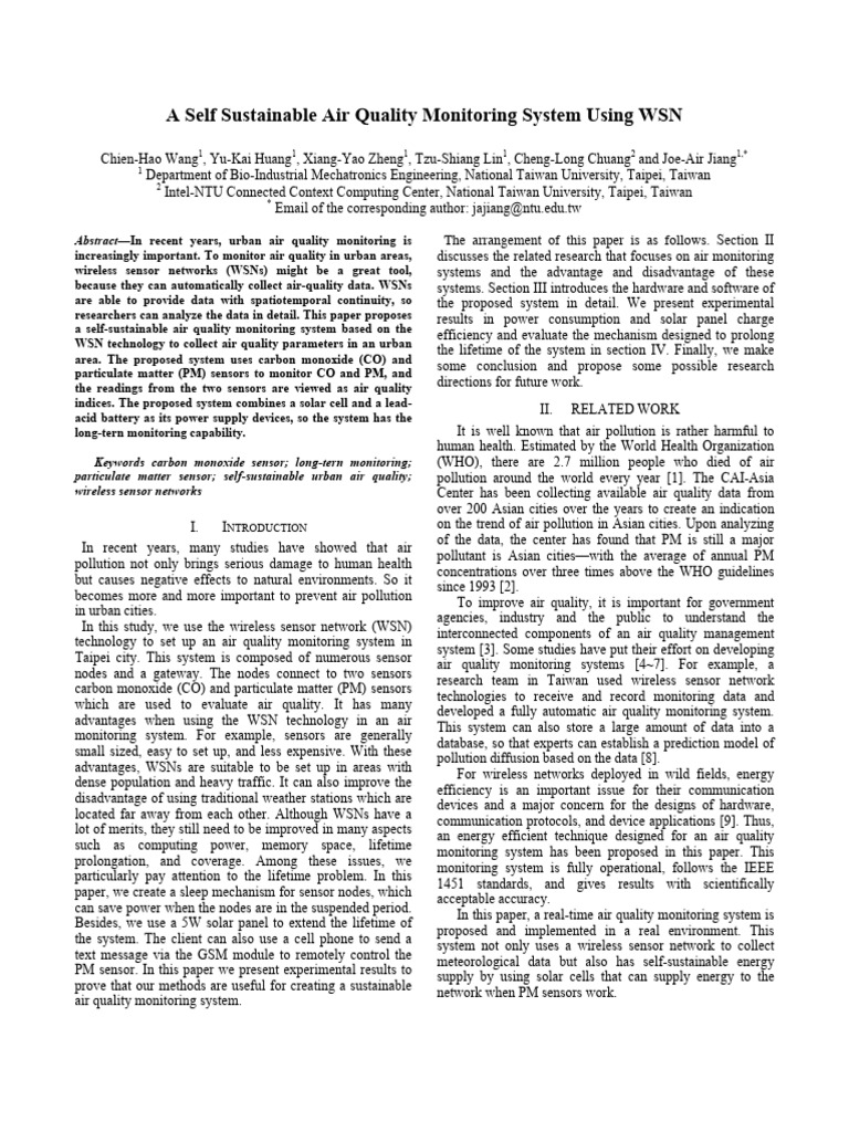 Self-Sustainable Urban Air Quality Monitoring | PDF | Wireless Sensor ...