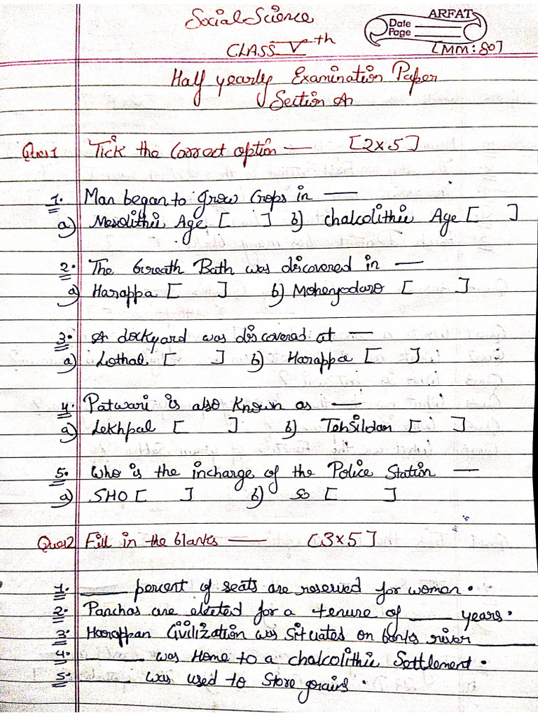 JS School Half Yearly Exam Class 5 SST | PDF