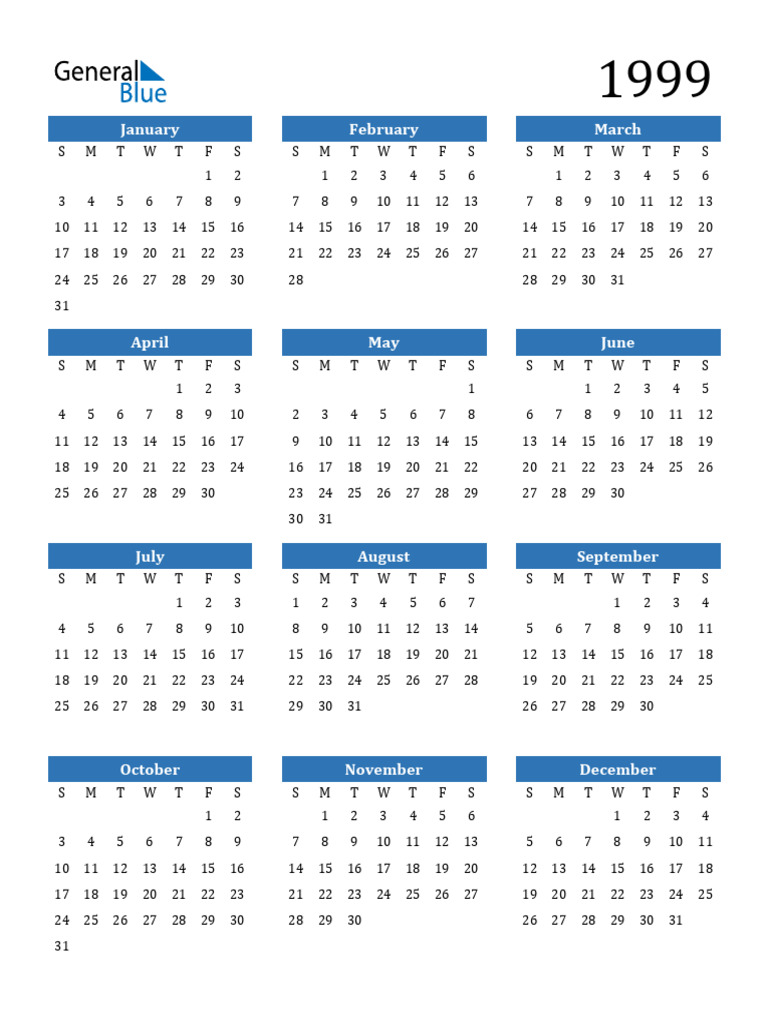 1999 Calendar Portrait Sunday Start | PDF