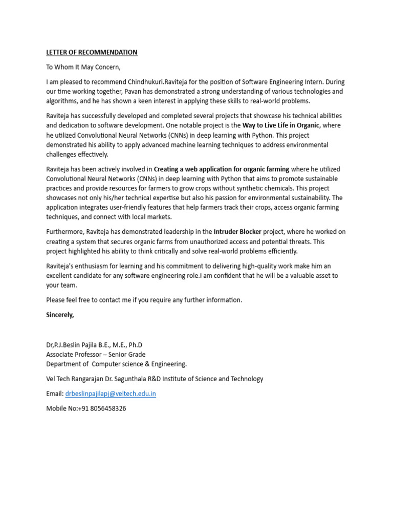 Recommendation for Software Intern Raviteja | PDF
