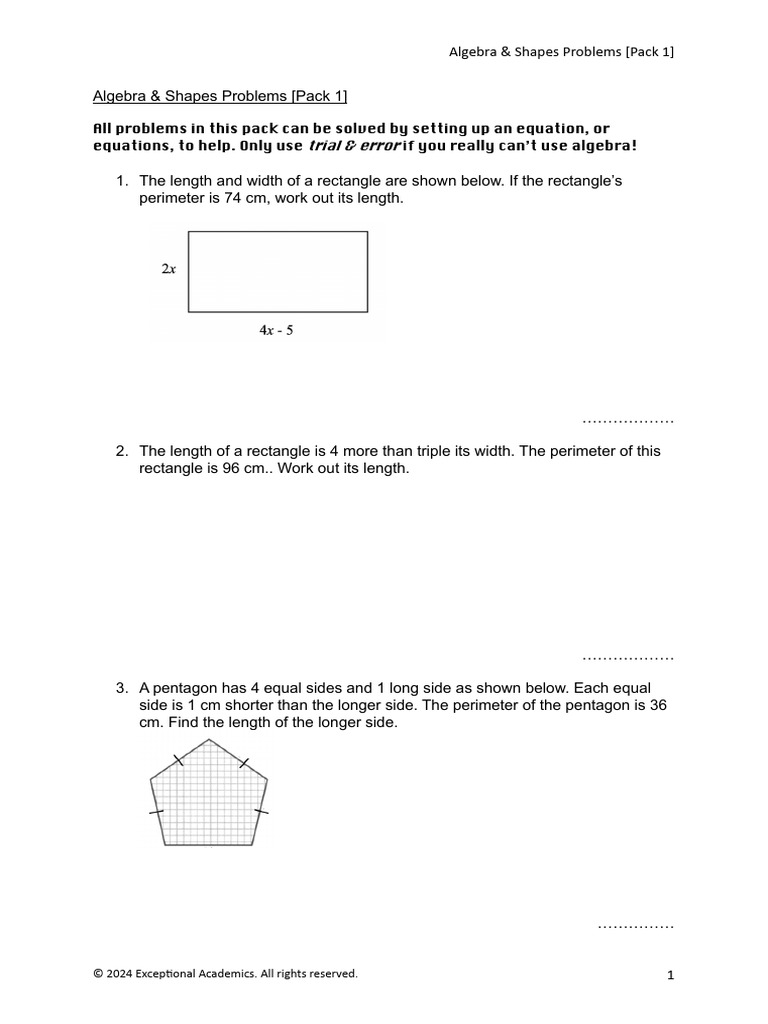 Algebra & Shapes Problem Set | PDF | Area | Rectangle