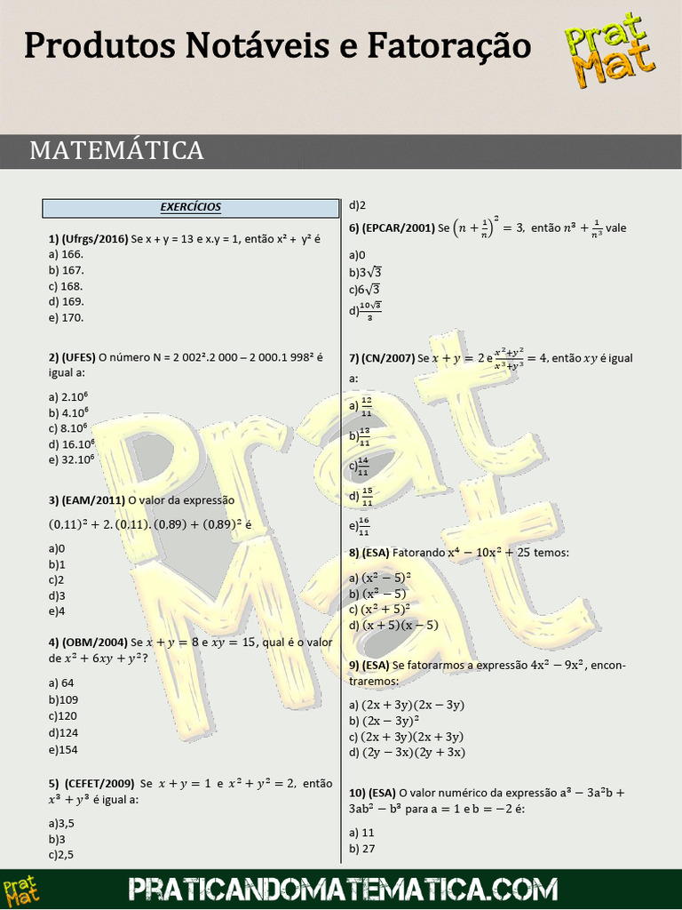 Lista de Exercicios Extra de Produtos Notaveis e Fatoracao | PDF ...