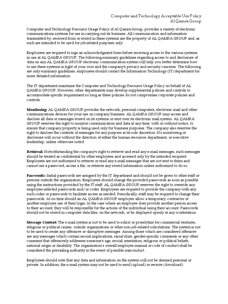 Computer and Technology Resource Usage Policy of Al Qamra Group | PDF ...
