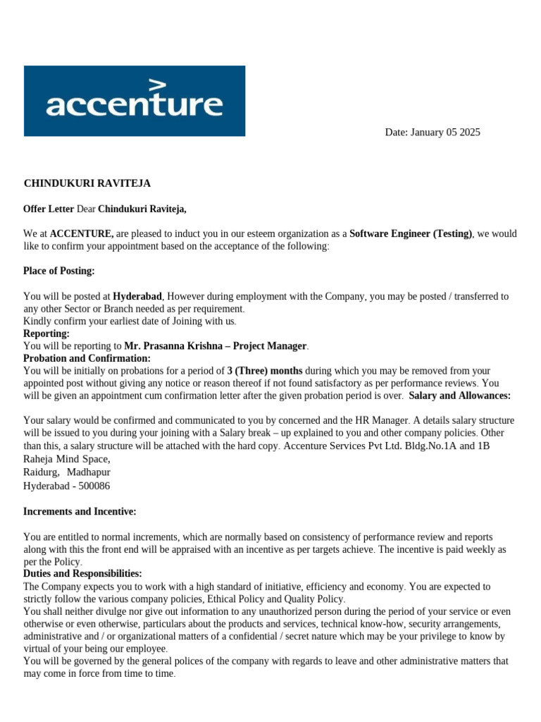 Accenture Offer Letter for 2025 | PDF | Employment | Salary