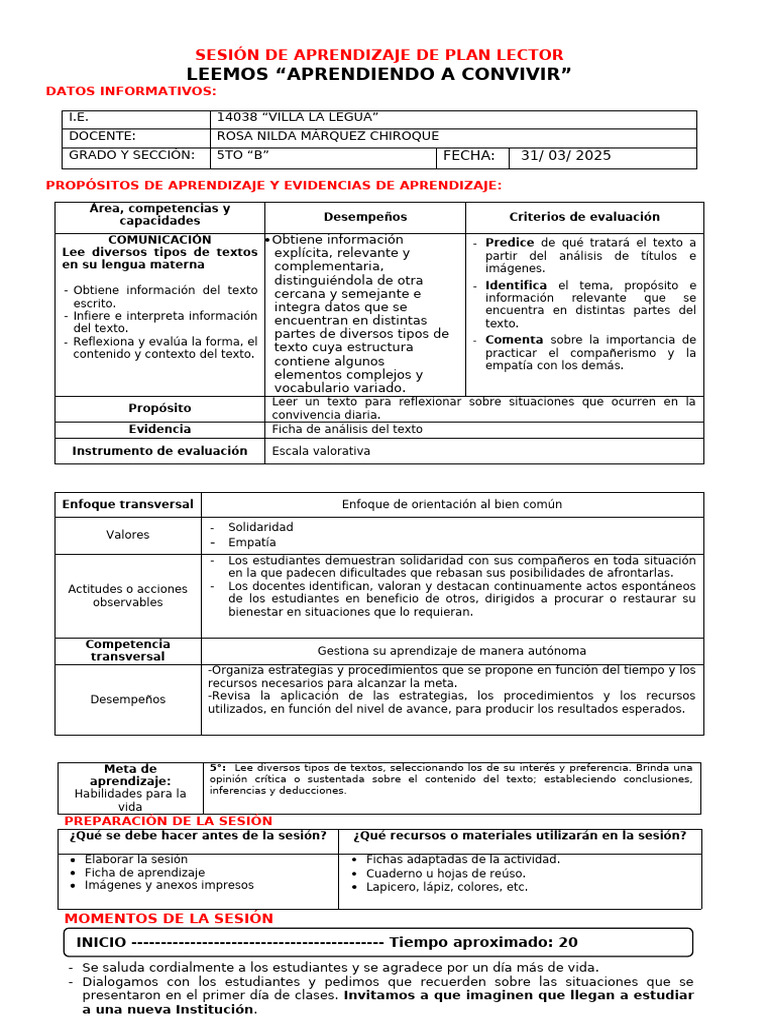 Sesión de Aprendizaje: Plan Lector 5°B | PDF | Aprendizaje | Ciencia ...