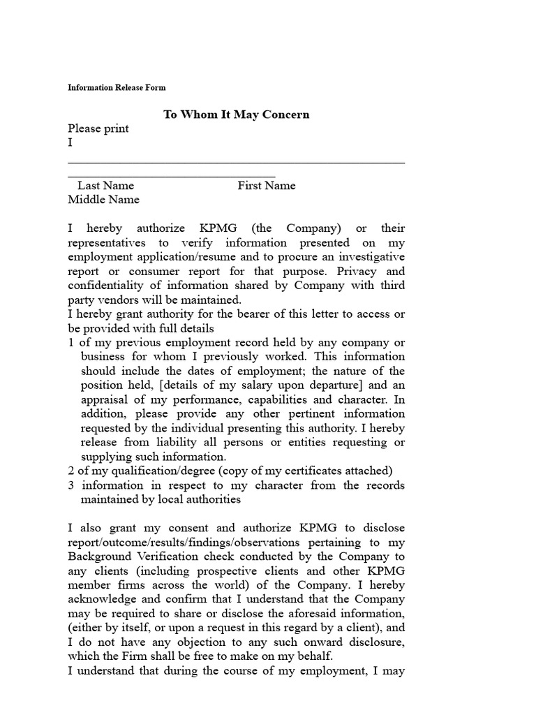 Authorization Release Form for KPMG | PDF