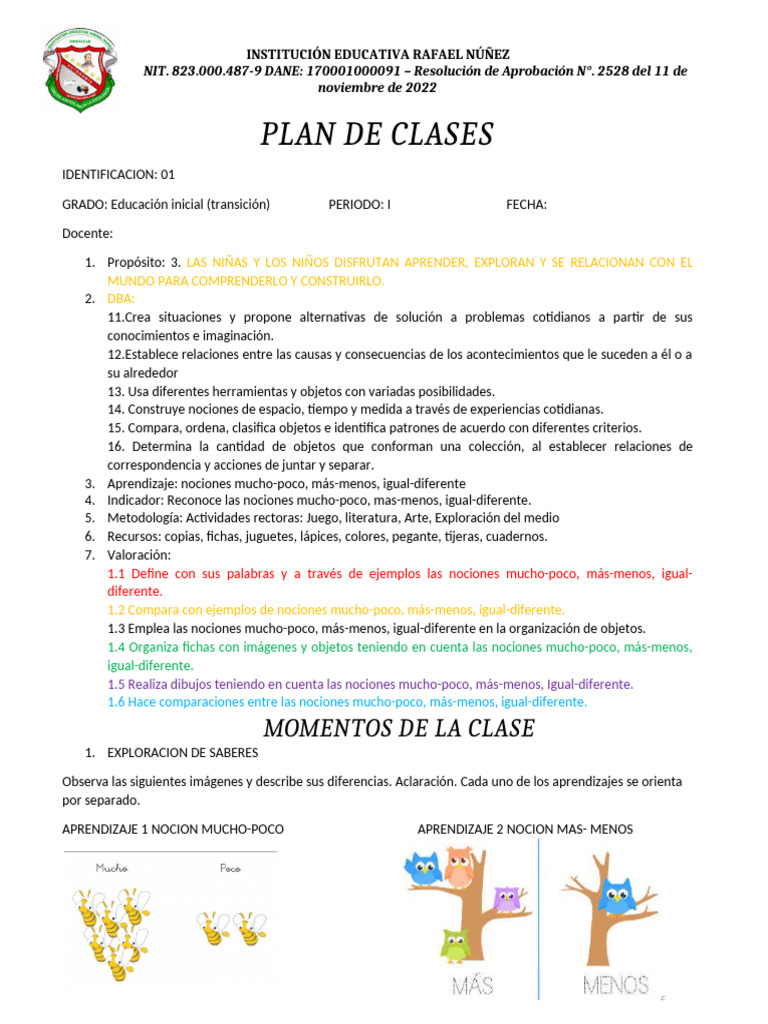 Plan de Clases para Educación Inicial | PDF | Educación de la primera ...