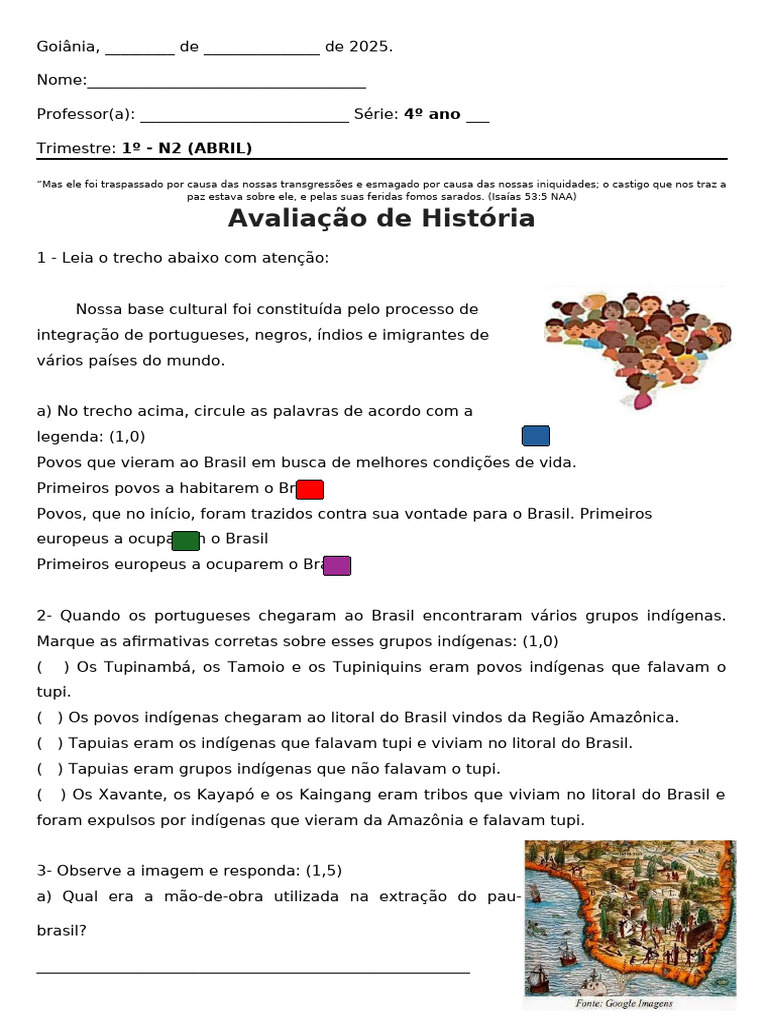 Avaliação de História 4º Ano - Brasil | PDF | Brasil