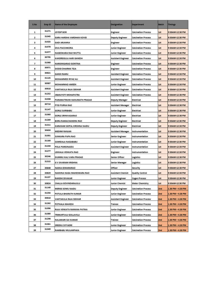 Employee Timings and Designations List | PDF