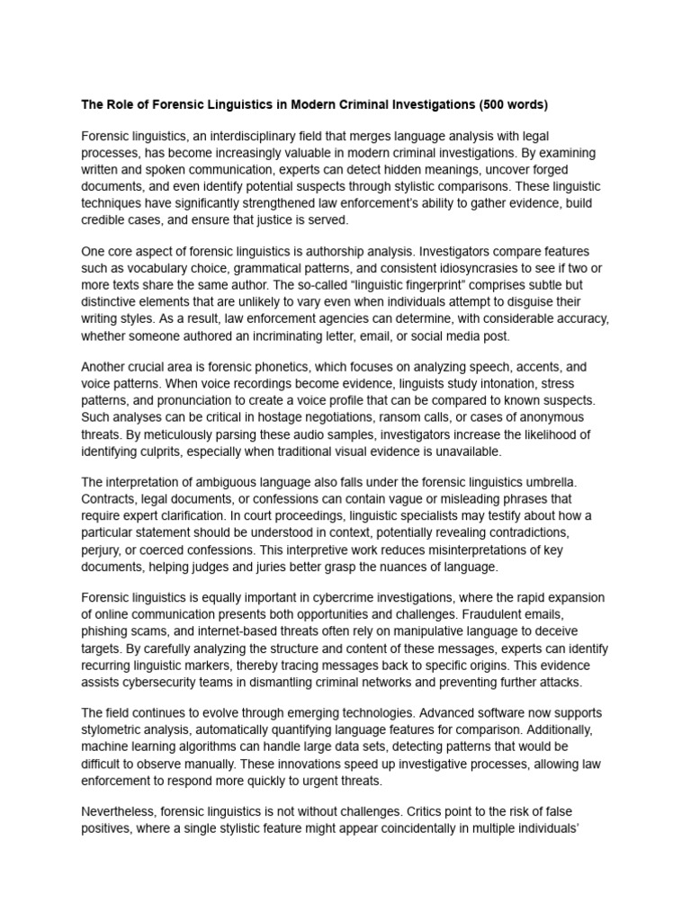 The Role of Forensic Linguistics in Modern Criminal Investigations (500 ...