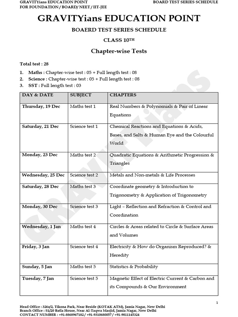 Gravityians Board Test Series Schedule | PDF | Chemistry | Physics