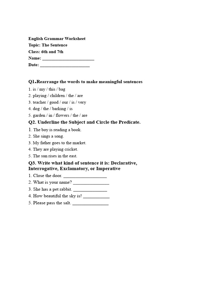 Sentence Structure and Types Worksheet | PDF