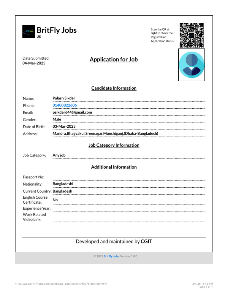 BritFly Job Application: Palash Sikder | PDF