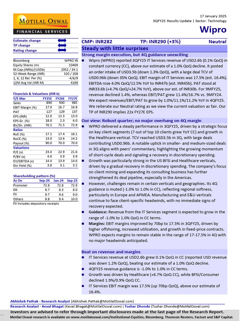 Wipro Q3 FY25 Results Overview | PDF | Investing | Financial Services