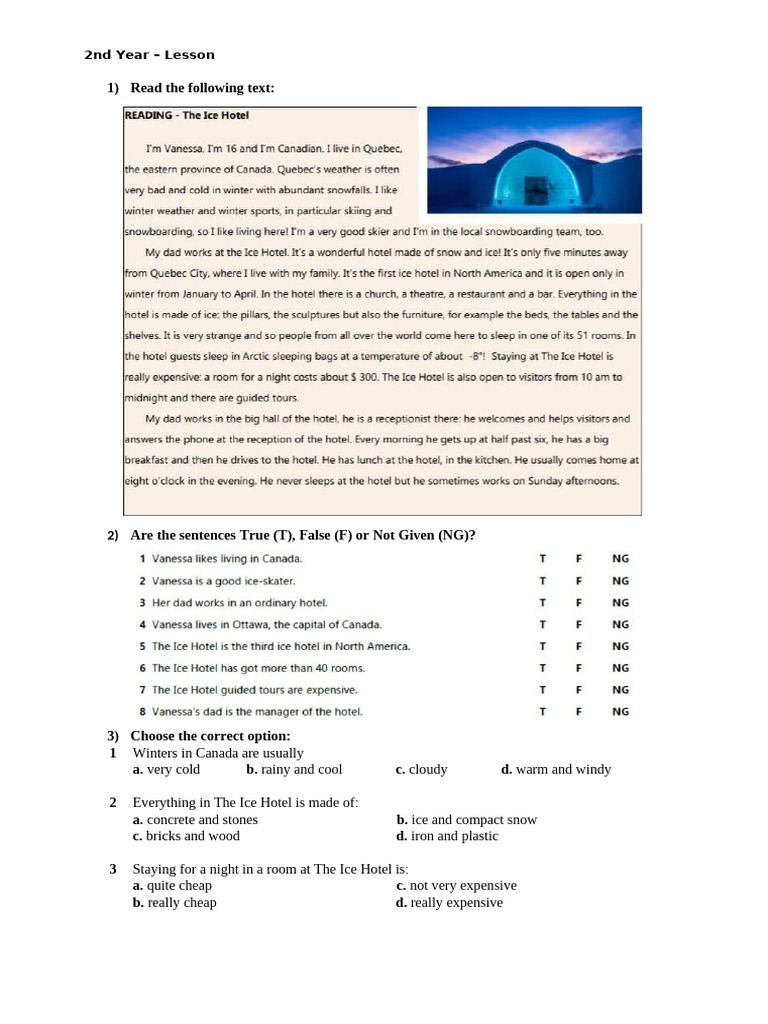 Ice Hotel Reading Comprehension Guide | PDF