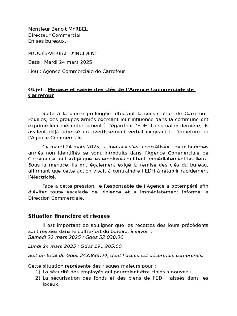 Incident de sécurité à l'agence Carrefour | PDF
