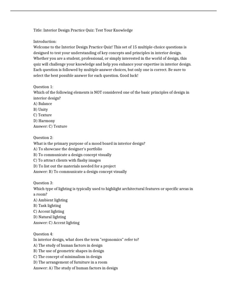 Interior Design Knowledge Quiz | PDF | Interior Design | Lighting