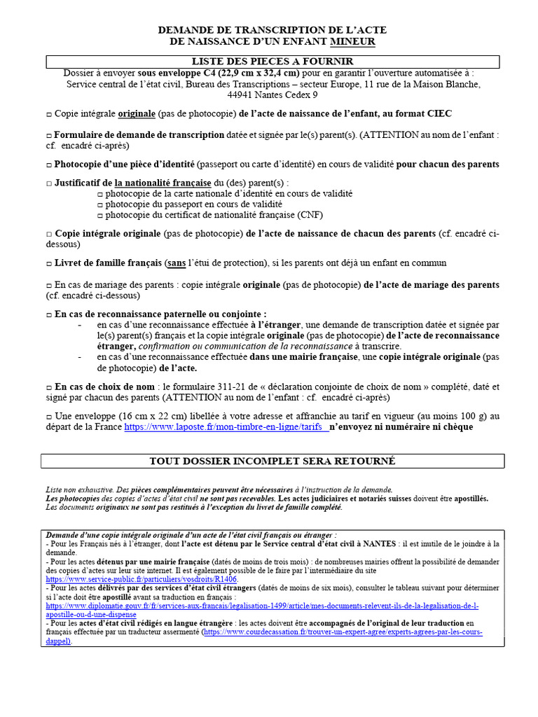 Demande de transcription acte de naissance | PDF | Certificat de naissance