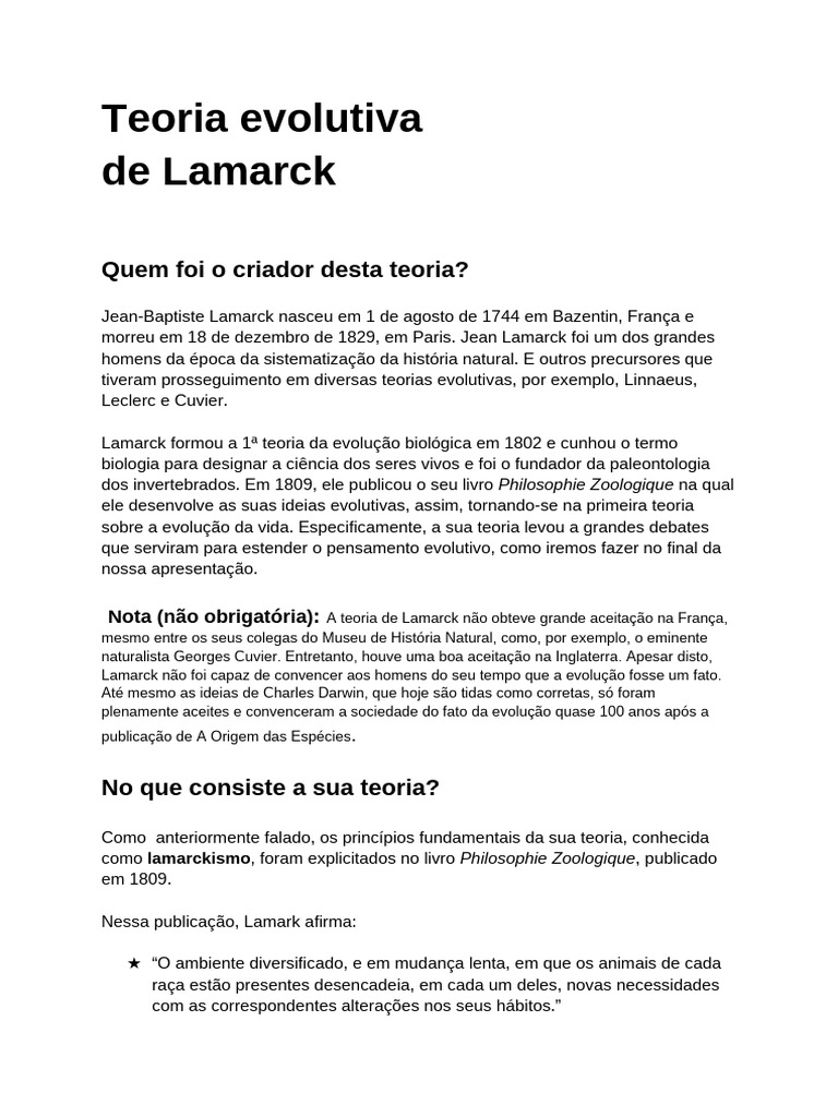 Teoria Evolutiva de Lamarck | PDF | Adaptação | Evolução