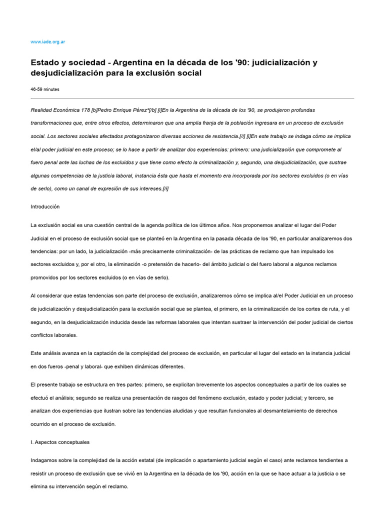 Estado y Sociedad - Argentina en La Década de Los '90 - Judicialización ...