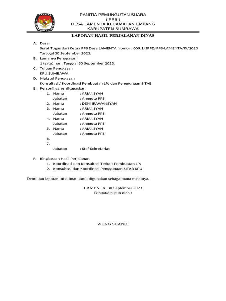 Laporan Perjalanan Dinas PPS Lamenta | PDF