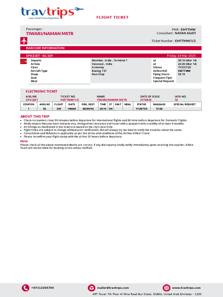 SpiceJet SG 329 Flight Ticket Details | PDF | Airlines | Civil Aviation
