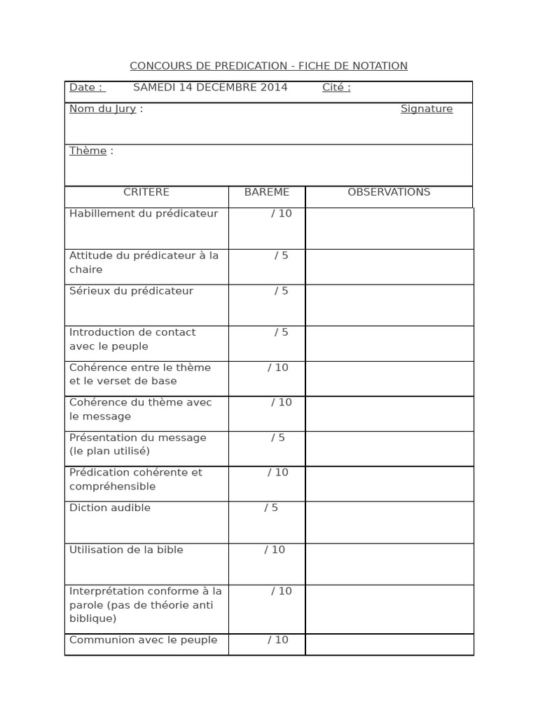 Fiche de Notation pour Concours de Prédication | PDF