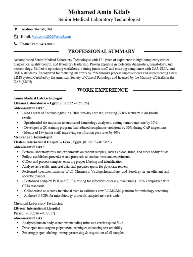 Senior Medical Lab Technologist Profile | PDF | Medical Laboratory ...