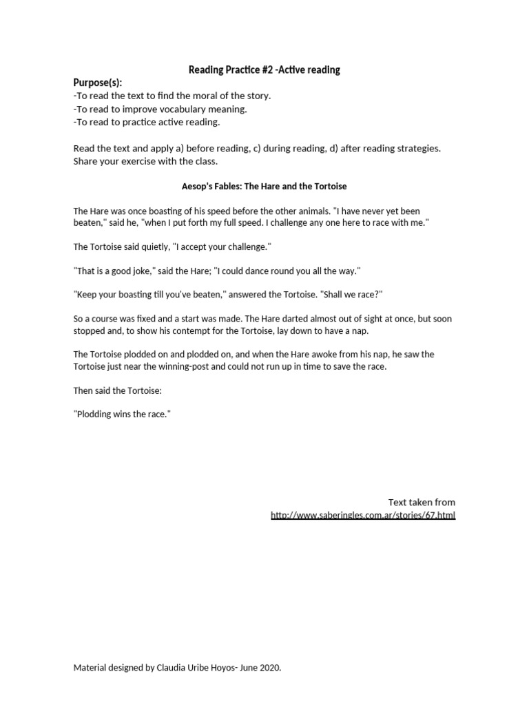 Active Reading Strategies For Aesop S Fable Pdf Fable Speed Reading