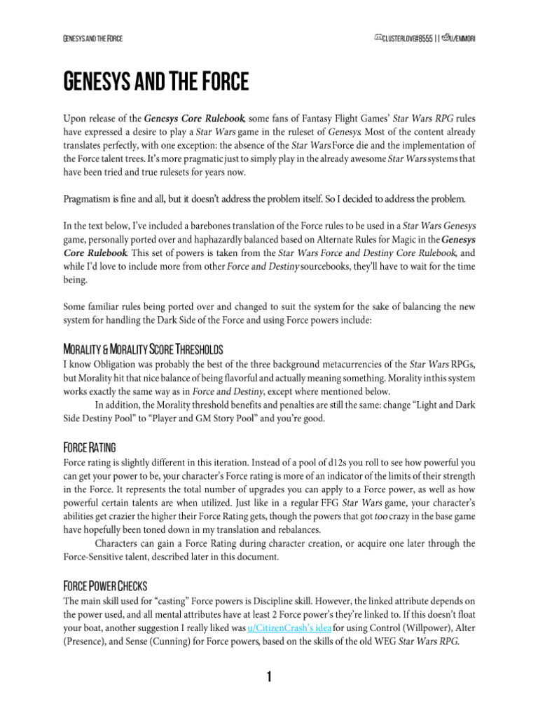 Genesys RPG: Force Magic System Guide | PDF