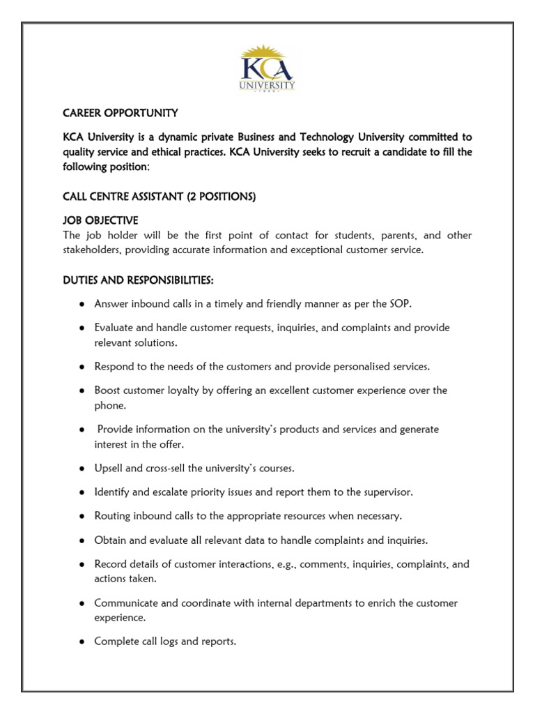 Call Centre Assistant (2 Posts) at KCA University (KCAU) | PDF | Call ...