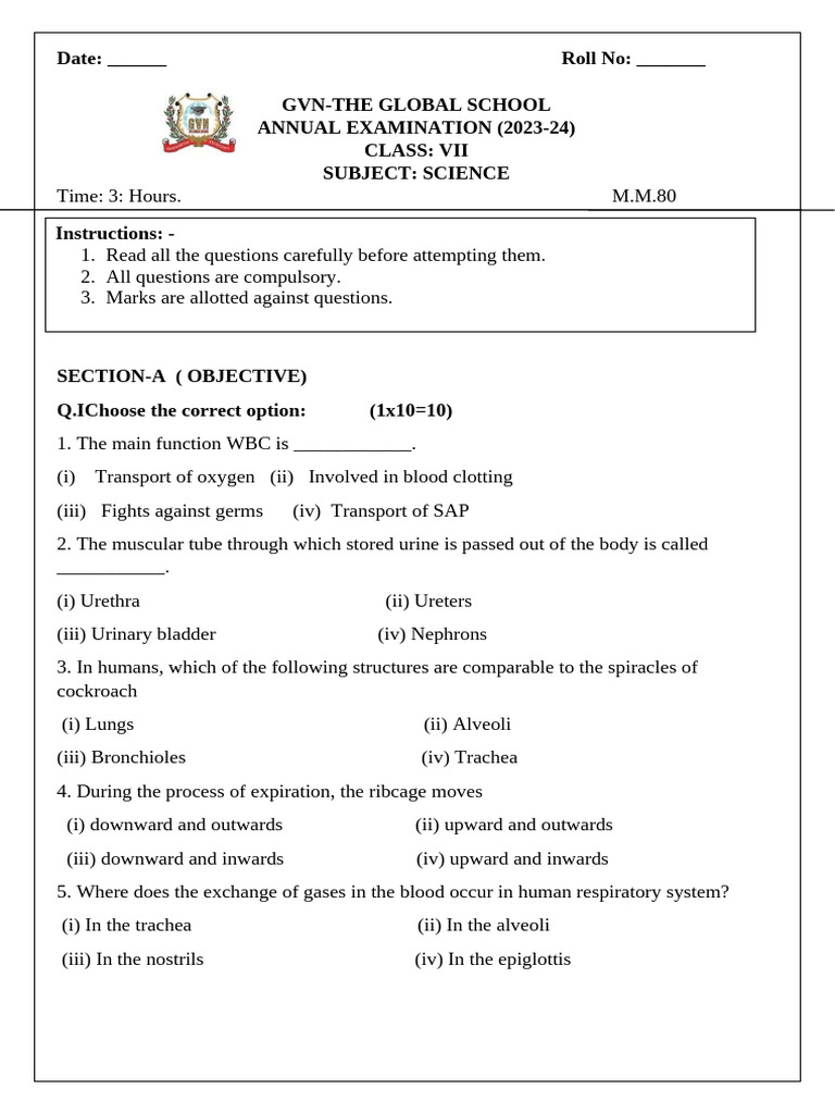 Class VII SCIENCE FINAL EXAM | PDF | Pollination | Breathing
