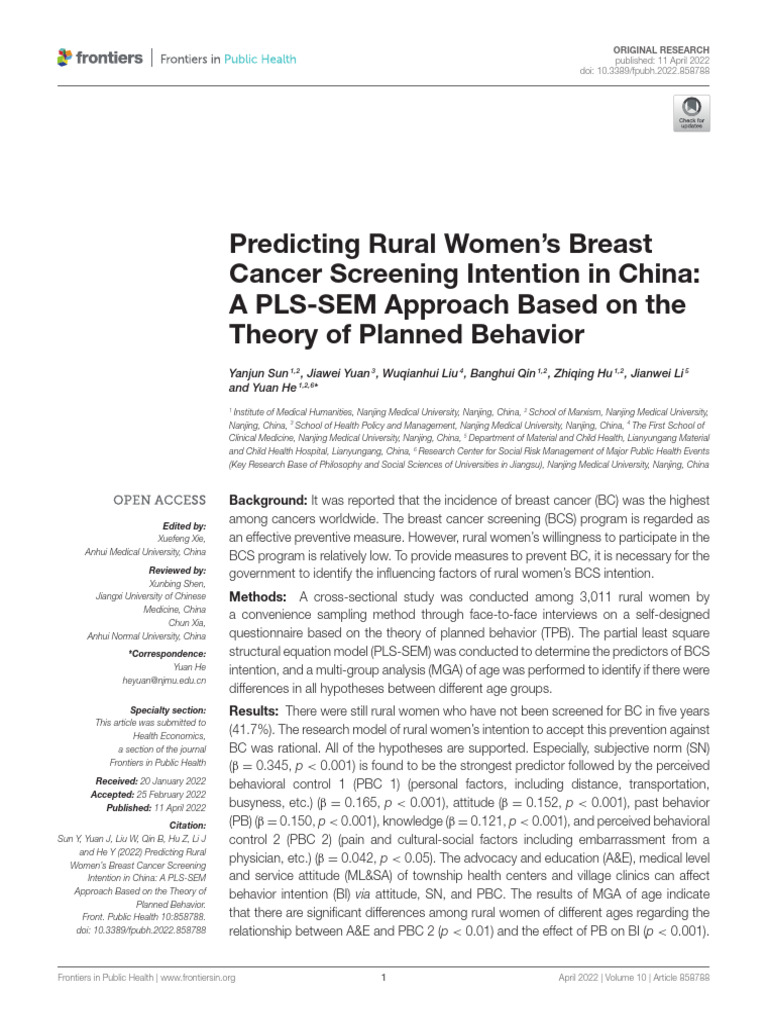 Rural Women's Breast Cancer Screening Intentions | PDF | China | World ...