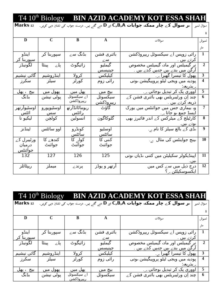 T4 10th Biology BIN AZID ACADEMY KOT ESSA SHAH | PDF