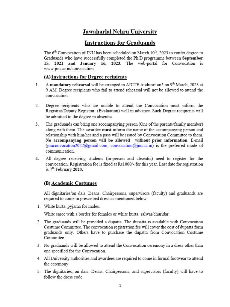 JNU Convocation 2023 Guidelines | PDF