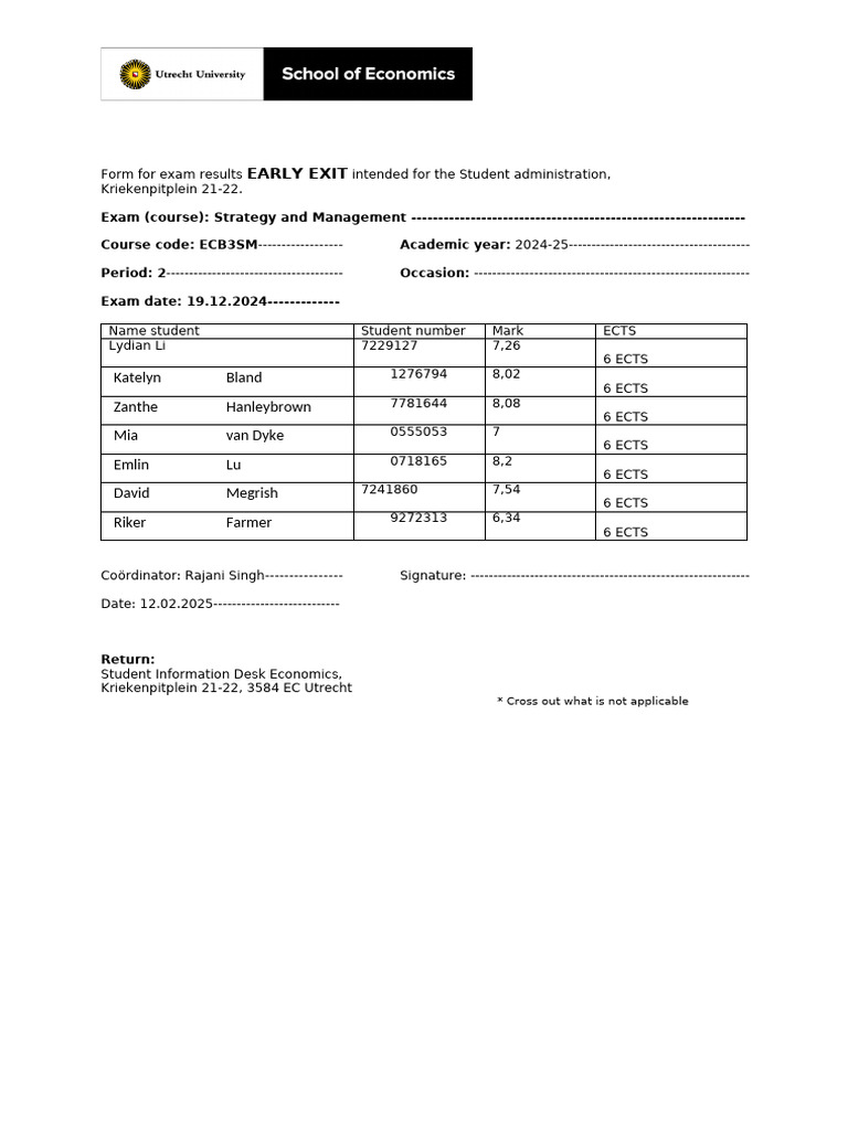 Form for exam results EARLY EXIT | PDF