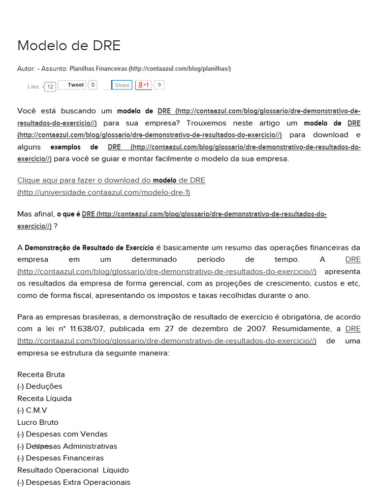 Modelo de DRE - Download - ContaAzul | PDF | Declaração de renda