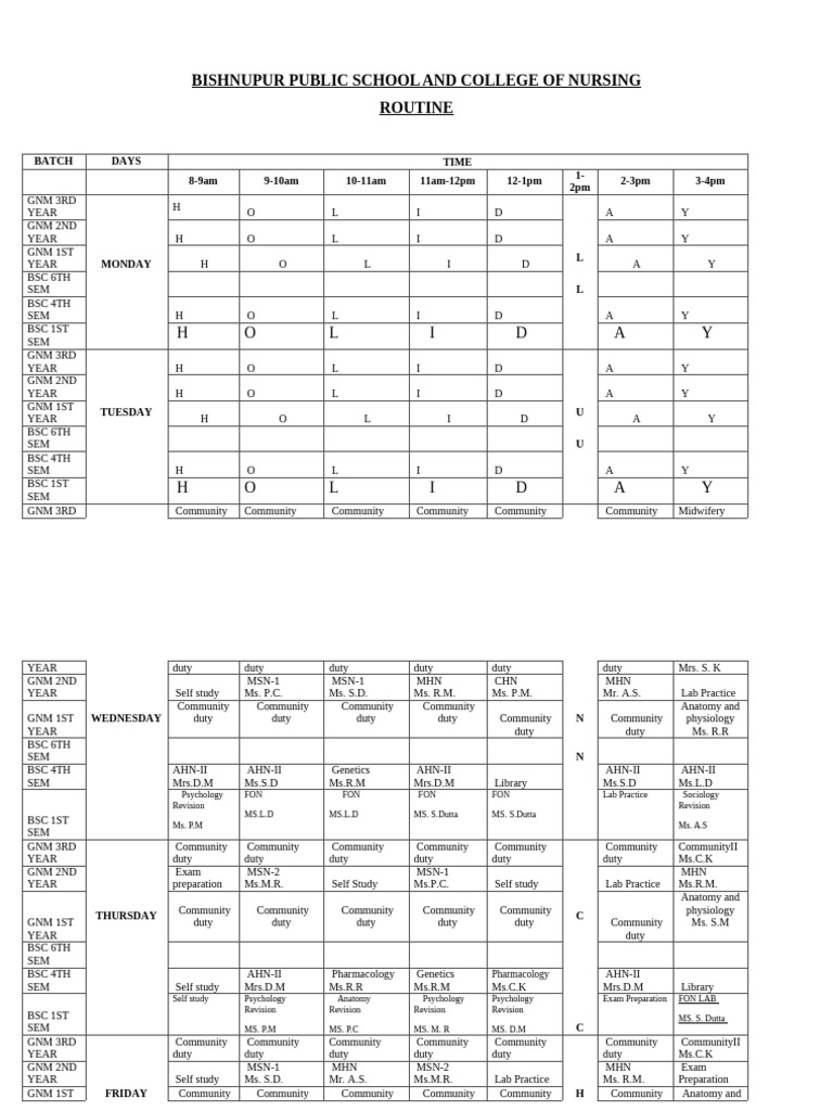 BISHNUPUR NURSING SCHOOL SCHEDULE | PDF | Biology