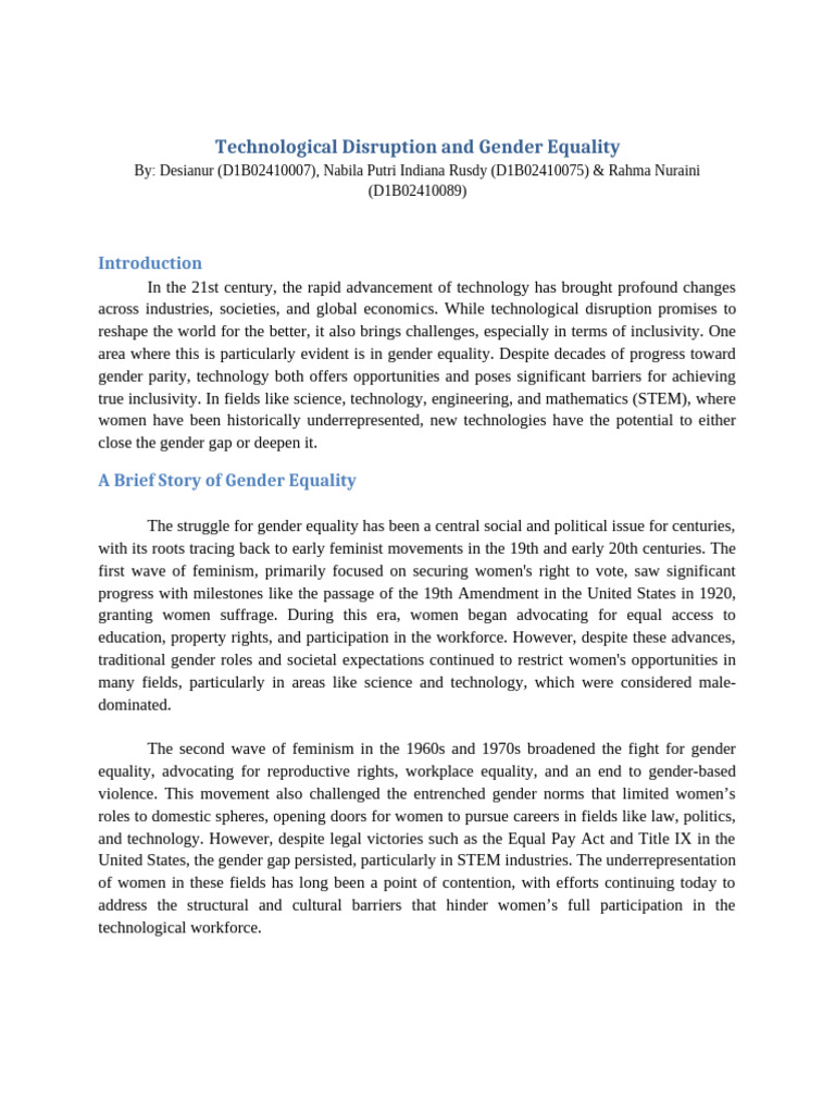 Technological Disruption and Gender Equality Paper | PDF | Gender Pay ...