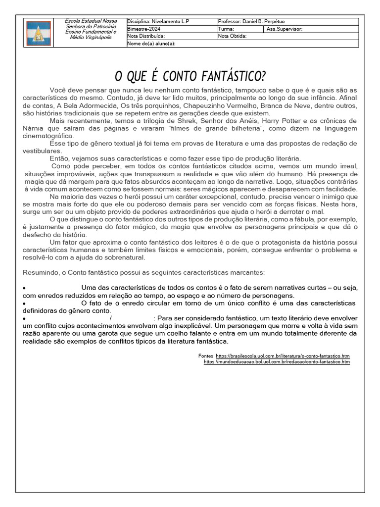 Conto Fantastico Atividades | PDF | Contos | Ficção especulativa