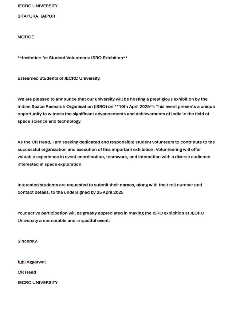 ISRO Exhibition Volunteer Invitation | PDF