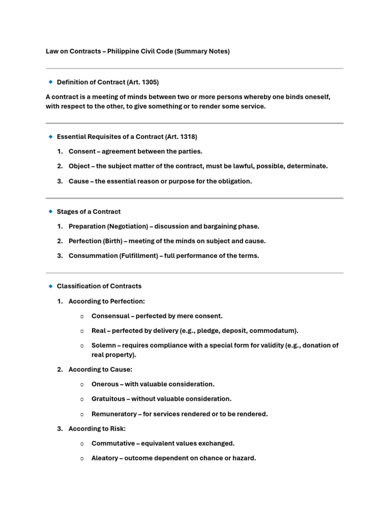 Philippine Contract Law Overview | PDF | Consent | Civil Law (Legal System)